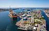Aibel er blant selskapa som nyt godt av at Equinor forlenger avtalar. Her frå Aibel sitt verft i Haugesund.FOTO: Birger Hovlad/Haugesund Luftfoto/AIbel