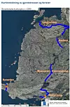 Kart over Ryvardsmarka kystlynghei. Blå linje viser gjerder kosta av prosjektet. Raudt punkt – ferister – kosta av prosjektet.