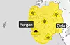 Oversikt over farevarslar i helga ⚠️ Vestlandet, Sørlandet og Østlandet kan vente seg kraftige vindkast 💨 I Rogaland og Hordaland kan det komme 50 til 70 mm regn på 12 timar.ILLUSTRASJON: METEOROLOGISK INSTITUTT